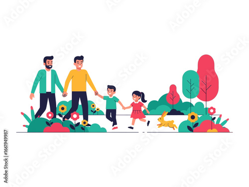 Joyful Family Stroll: A graphic illustration of a family, holding hands while walking in the nature. A sense of unity, love, and happiness.