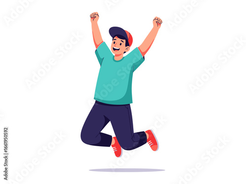 Joyful Jump: A cheerful youth leaps with unbounded enthusiasm in a vibrant display of pure exhilaration, embodying the essence of happiness and unbridled joy.