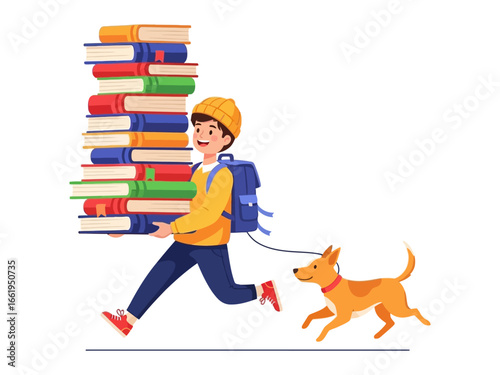 Bookworm's Adventure: A young, enthusiastic student rushes forward, his arms overflowing with books as a loyal canine companion eagerly follows, embodying the journey of knowledge and friendship.
