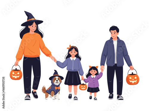 Halloween Family Parade: A family, united in the festive spirit of Halloween, takes a charming stroll, each member radiating joy and holding adorable pumpkin-shaped candy pails. A charming.