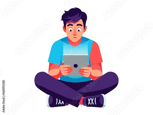 Digital Engagement: A young individual sits in a cross-legged pose, absorbed in the digital world, holding a tablet with focused interest, embodying modern connectivity.