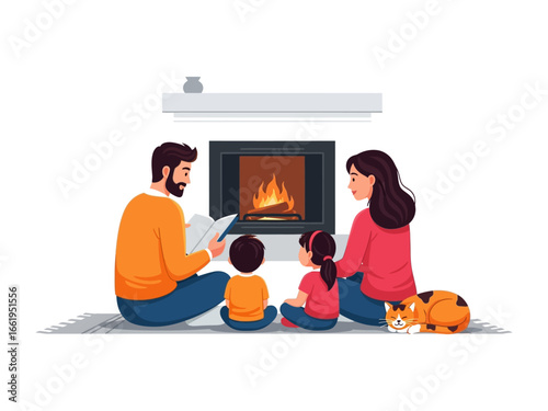 Cozy Moments: A Family Reading by the Fireplace: A heartwarming scene of a family reading a book together in front of a fireplace, creating a cozy and intimate atmosphere.