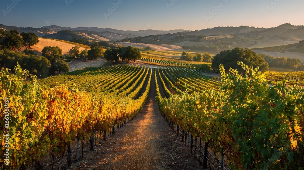 Fototapeta premium A vineyard landscape with rows of grape vines leading to distant hills under a clear blue sky at sunset
