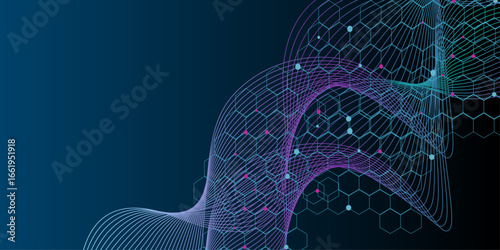 Molecular abstract structure and genetic engineering DNA. Waves flow. Quantum explosion technology.  Expansion of life. Colorful explosion background with connected line and dots, wave flow. 