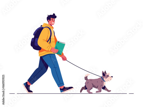 Man walking with pet: In a stylized illustration, a young individual strides purposefully, leading a small dog on a leash, symbolizing companionship and the shared joy of a leisurely walk.