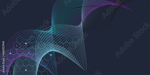 Molecular abstract structure and genetic engineering DNA. Waves flow. Quantum explosion technology.  Expansion of life. Colorful explosion background with connected line and dots, wave flow. 
