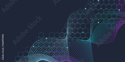Molecular abstract structure and genetic engineering DNA. Waves flow. Quantum explosion technology.  Expansion of life. Colorful explosion background with connected line and dots, wave flow. 