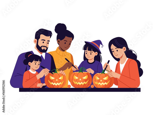 Halloween pumpkin carving family time: A heartwarming illustration shows a multi-ethnic family carving pumpkins together, a perfect visual for articles about Halloween festivities.