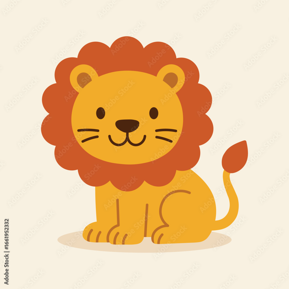 Obraz premium Cute cartoon lion illustration in golden yellow with fluffy mane, perfect for product packaging, labels, web design, banners, book illustrations and art prints with a playful, child-friendly style.