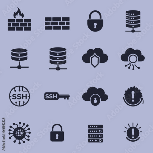 Cybersecurity Icons: Network Security, Cloud Computing, and Data Protection