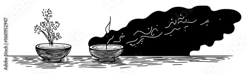 incense bowls with herbal smoke black and white vector illustration