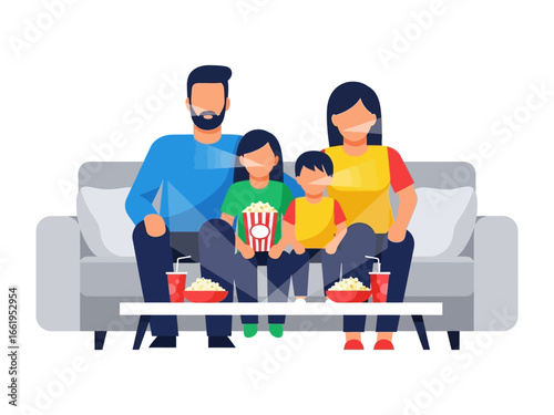 Family Movie Night: A family of four, enjoying a cozy movie night together on a comfortable sofa, surrounded by popcorn and soda. The image captures the joy of togetherness, quality time.