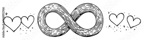 infinity love symbol with hearts black and white vector illustration