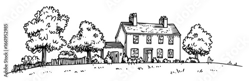 hand drawn country house with trees and garden