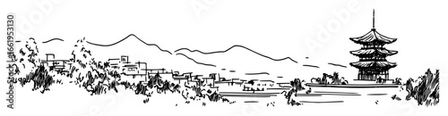 mountain pagoda skyline black and white vector illustration