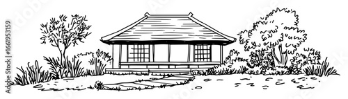 traditional japanese house with garden black and white vector illustration
