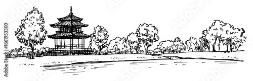 pagoda pavilion park landscape black and white vector illustration