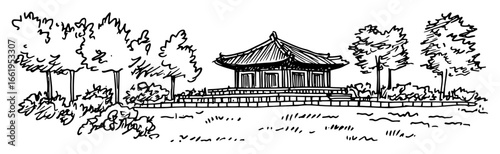 traditional hanok house landscape black and white vector illustration