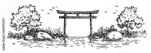 torii gate lakeside landscape black and white vector illustration