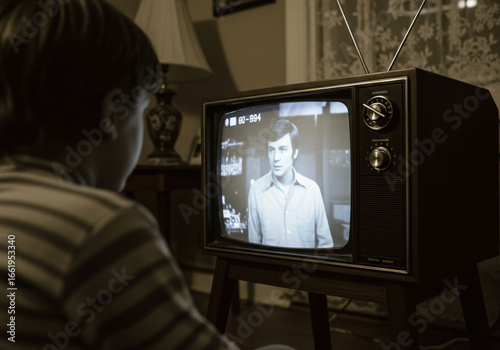 Child Watching Black-and-White Program on Vintage CRT Television in Cozy Living Room
