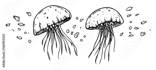 two jellyfish swimming with bubbles black and white vector illustration