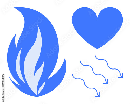 Blue flame, heart image, and wavy arrows highlight energy, passion, and motion. Ideal for energy, wellness, love, flow heat inspiration and simple landing page