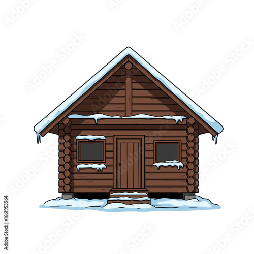 Wooden cabin covered in snow with a sloped roof in winter  