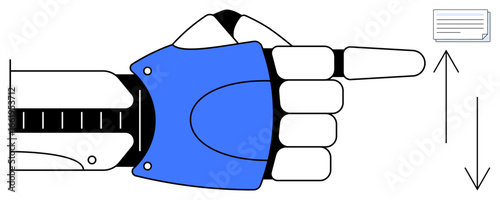 Robotic hand with blue casing pointing at a digital document icon with adjacent scroll arrows. Ideal for technology, automation, robotics, innovation, AI, digital interaction, futuristic solutions