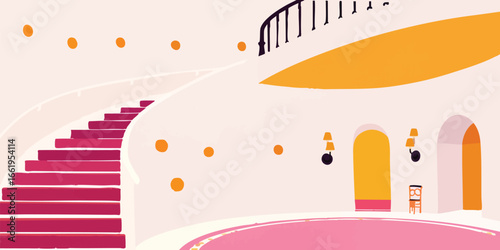 A whimsical cartoon illustration of a unique interior design featuring a staircase, arches and a vibrant color palette that creates an immersive atmosphere.