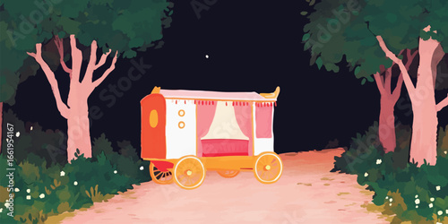 A whimsical illustration of a charming caravan, bathed in the soft glow of moonlight, positioned on a peaceful forest path, transporting viewers to a world of dreams and adventure.