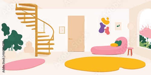 A minimalist interior space design: a harmonious blend of art and architecture with artistic elements.