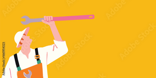 A construction worker stands proudly against a bright yellow backdrop, holding a wrench up, representing skill, maintenance, and construction. The cartoon style adds a modern feel.