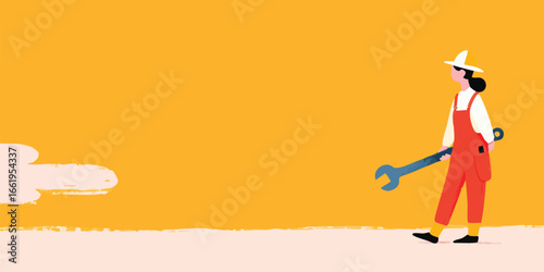 A female construction worker strides confidently, holding a wrench, against a vibrant yellow backdrop, representing skill and determination.