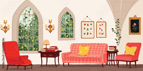 A beautifully adorned living space, where classic furniture complements the arched windows adorned with flourishing foliage, creating a serene atmosphere.