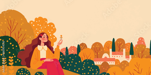 A serene illustration capturing a woman amidst the serene ambiance of autumn, offering a glimpse into a world of natural beauty.