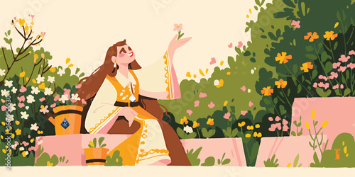 A woman discovers beauty and serenity in the natural world, tenderly touching a delicate flower amidst a vibrant garden, evoking a sense of peace and wonder.