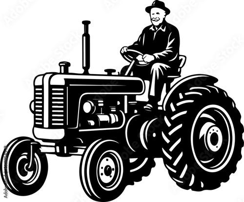 A strong silhouette of a grandfather sitting on a classic farm tractor