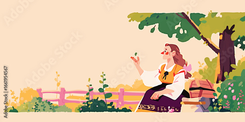 An artistic illustration of a woman immersed in the pastoral life with nature, celebrating a harmonious life.  A young woman sits peacefully in a sun-drenched meadow.

