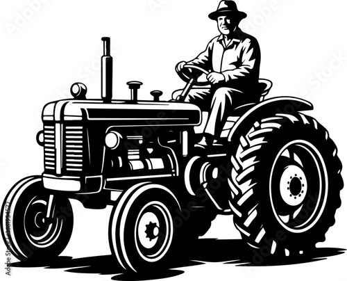 A strong silhouette of a grandfather sitting on a classic farm tractor