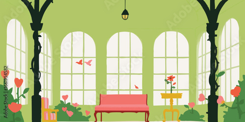 A tranquil and inviting interior space featuring a row of arched windows, a stylish seating arrangement, and decorative floral arrangements, creating an atmosphere of elegance and relaxation.