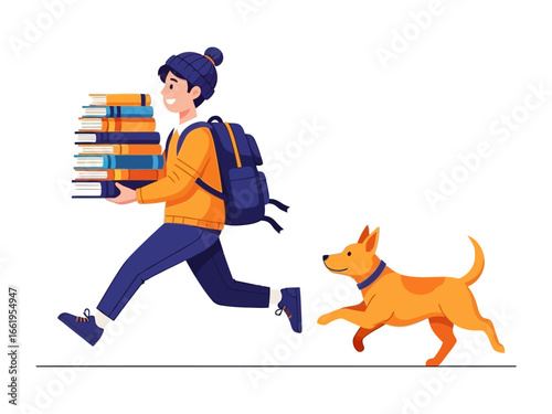Rush of Knowledge: A cheerful student sprinting forward with a stack of books, closely followed by his playful canine companion.