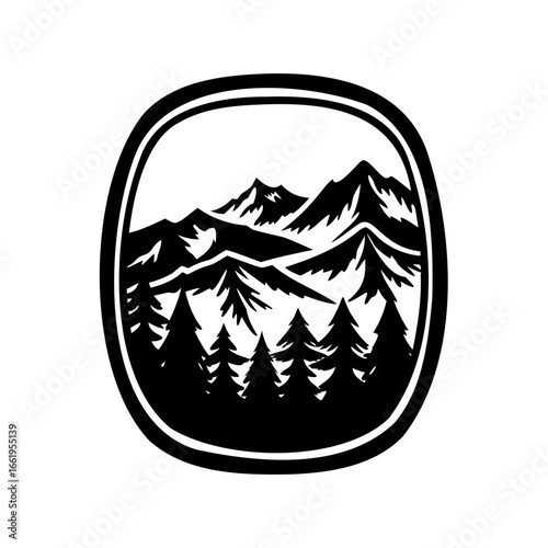 Black and white vector illustration of mountains and forest in rounded frame