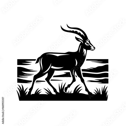 Black and White Gazelle Graphic Silhouette Against Landscape with Grass