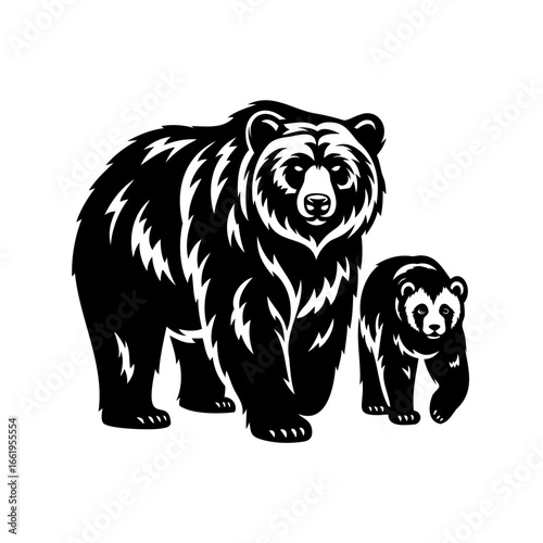 Vector illustration of a mother bear with cub in black and white