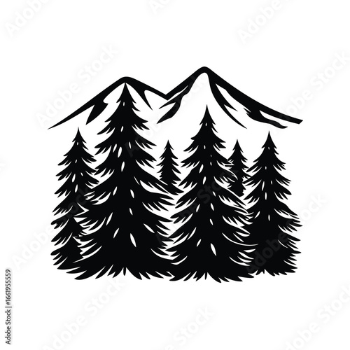 Monochromatic mountain landscape featuring pine trees in a forested area