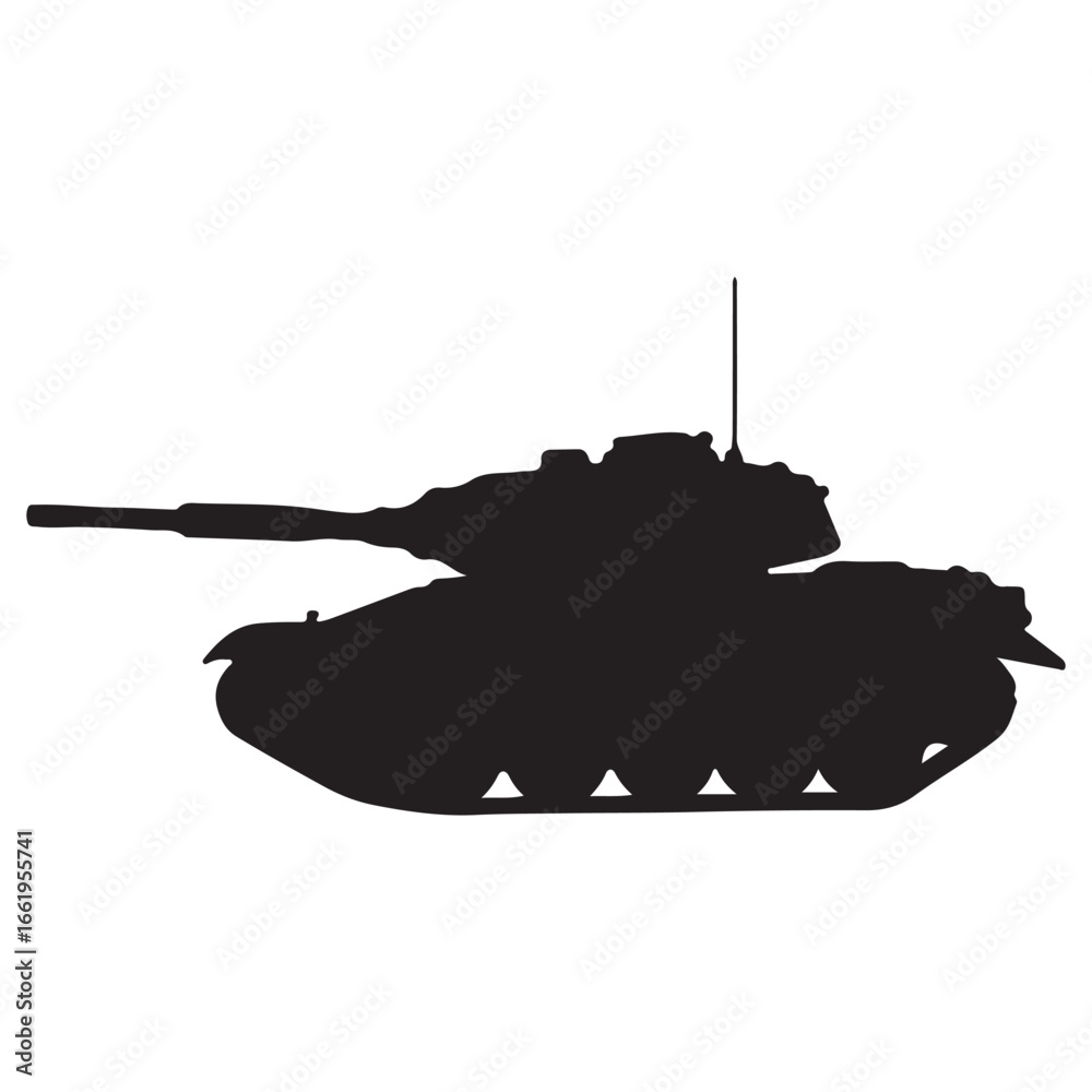 Fototapeta premium Silhouette of Main Battle Tank Heavy Military Vehicle and Tank Track Isolated on White Background Powerful Warfare Machine