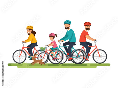 Family Bicycle Ride: A family embarks on a joyful bicycle ride in a colorful, vibrant scene, with smiles and laughter accompanying their outdoor adventure.
