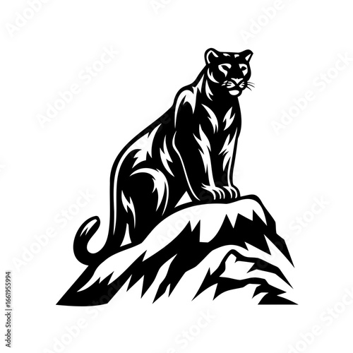 Powerful black panther sitting atop rocky terrain, minimalist vector design
