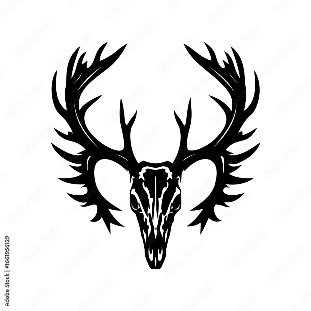 Fototapeta premium Monochrome deer skull with intricate antlers artistic representation against white