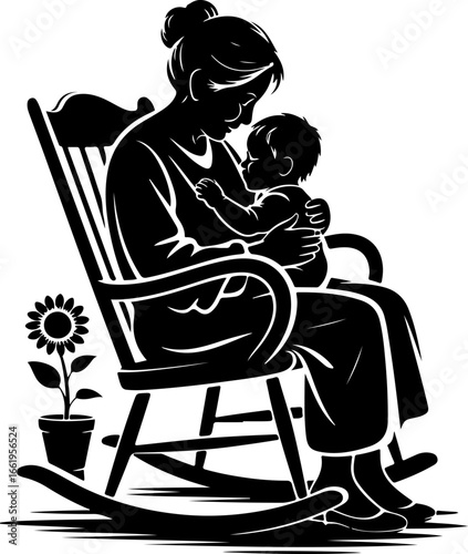 A sweet, emotional scene of a grandmother gently rocking her grandchild in a wooden rocking chair